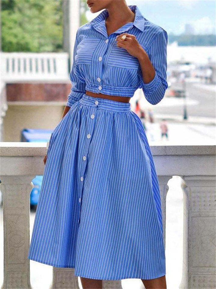 Summer Blue Striped Button Up Long Sleeve Cropped Top & Skirt Set