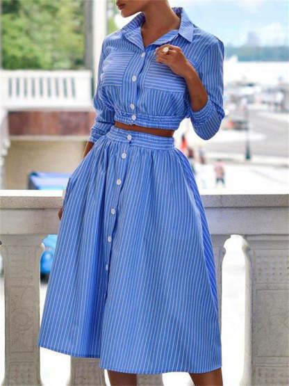 Summer Blue Striped Button Up Long Sleeve Cropped Top & Skirt Set