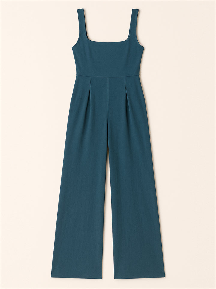 Ladies' Square Neck Solid Color Sleeveless Wide Leg Jumpsuit