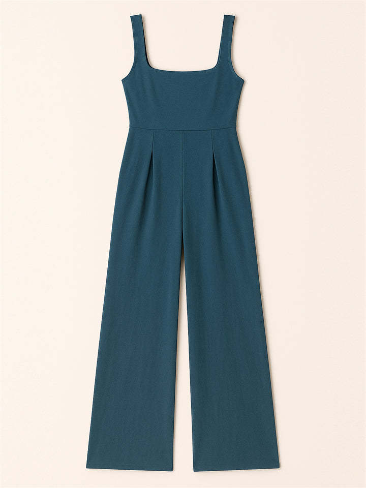 Ladies' Square Neck Solid Color Sleeveless Wide Leg Jumpsuit