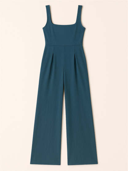 Ladies' Square Neck Solid Color Sleeveless Wide Leg Jumpsuit