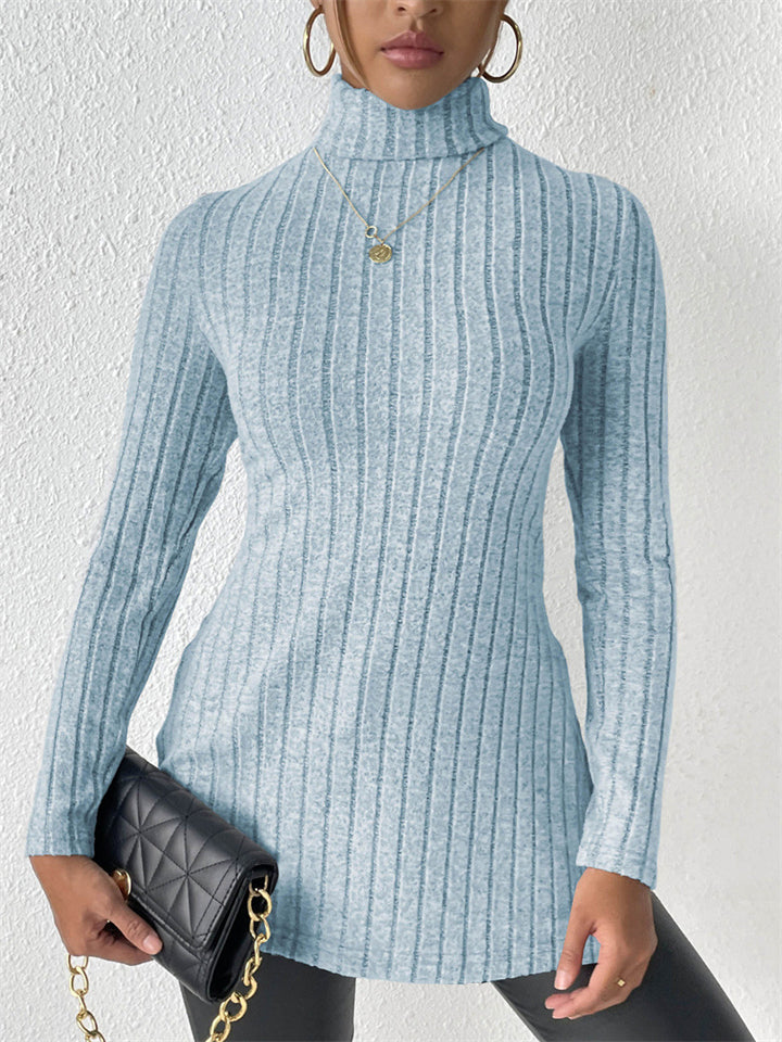 Ladies' Fitted High Neck Solid Color Pit Stripe Split Long-sleeved Sweaters