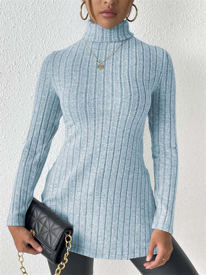 Ladies' Fitted High Neck Solid Color Pit Stripe Split Long-sleeved Sweaters