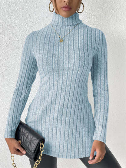 Ladies' Fitted High Neck Solid Color Pit Stripe Split Long-sleeved Sweaters