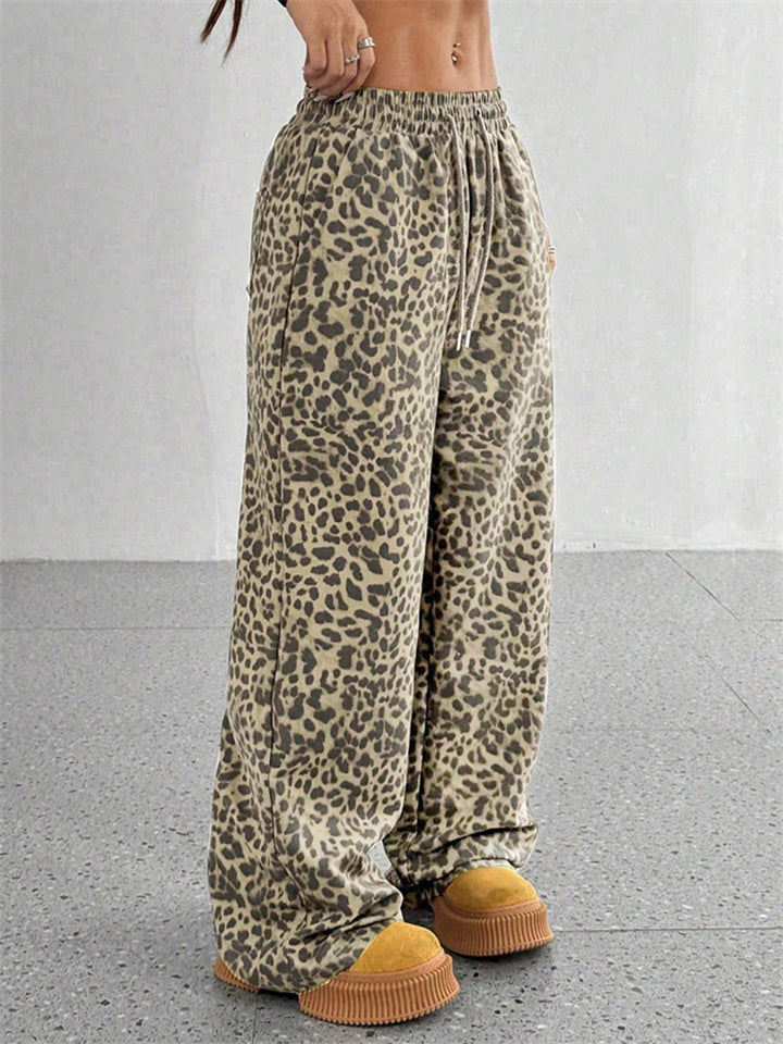 Women's Classic Street Style Leopard Printed Drawstring Wide-leg Pants