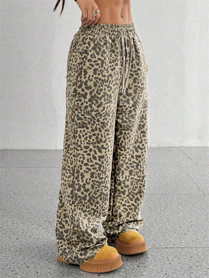 Women's Classic Street Style Leopard Printed Drawstring Wide-leg Pants