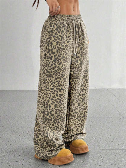 Women's Classic Street Style Leopard Printed Drawstring Wide-leg Pants