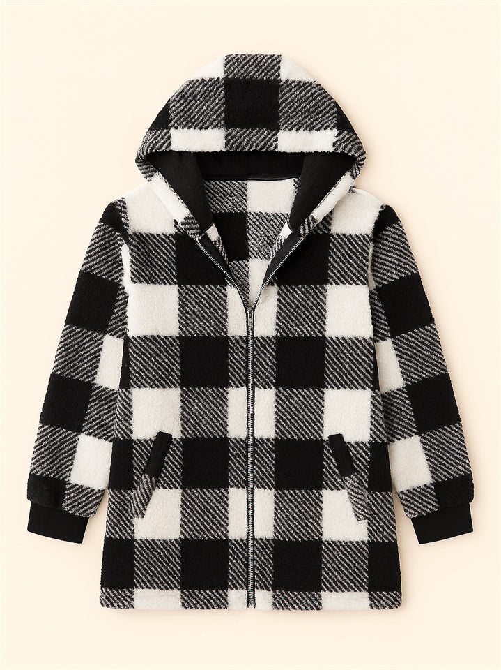 Women's Autumn Classic Plaid Zip Up Pockets Hooded Jackets