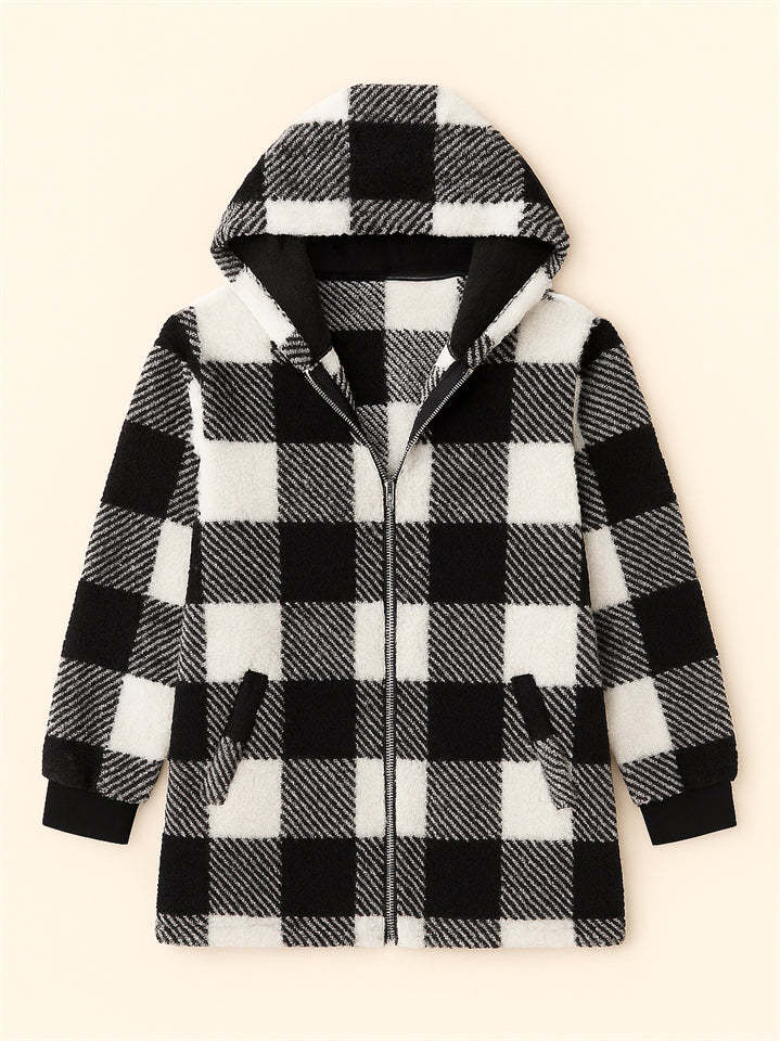 Women's Autumn Classic Plaid Zip Up Pockets Hooded Jackets