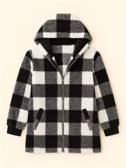 Women's Autumn Classic Plaid Zip Up Pockets Hooded Jackets