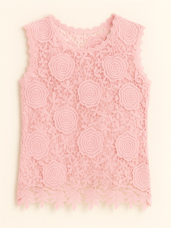Summer Solid Color Lace Jacquard Sleeveless Tank Shirts