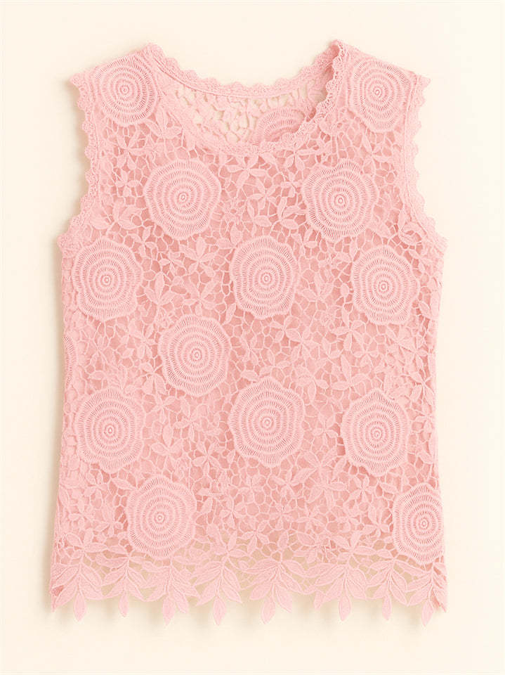 Summer Solid Color Lace Jacquard Sleeveless Tank Shirts