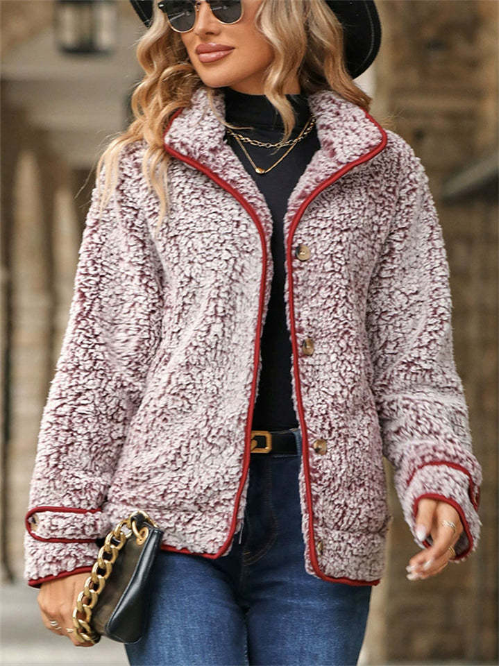Casual Autumn Contrast Trim Single Breasted Lapel Fleece Coats