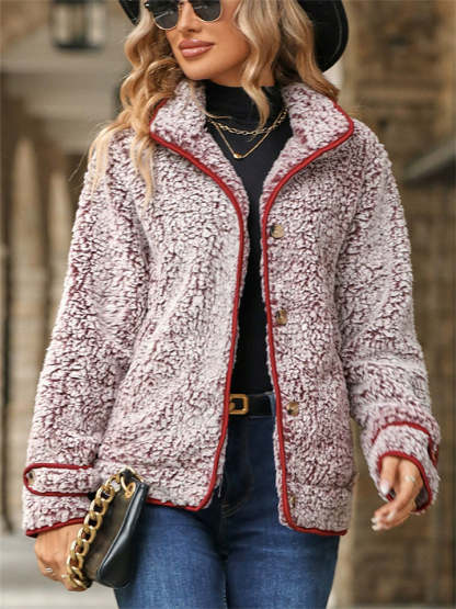 Casual Autumn Contrast Trim Single Breasted Lapel Fleece Coats