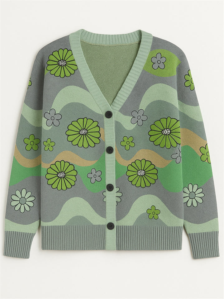 Casual Flowers Print Button Up Cardigan Sweaters for Women