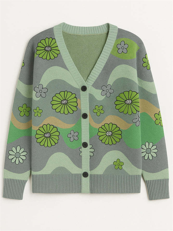 Casual Flowers Print Button Up Cardigan Sweaters for Women