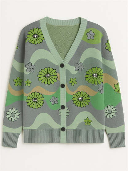 Casual Flowers Print Button Up Cardigan Sweaters for Women