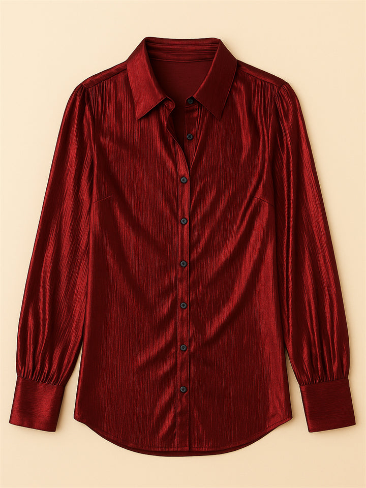 Ladies' Sexy French Style Wine Red Button Up Long Sleeve Blouses