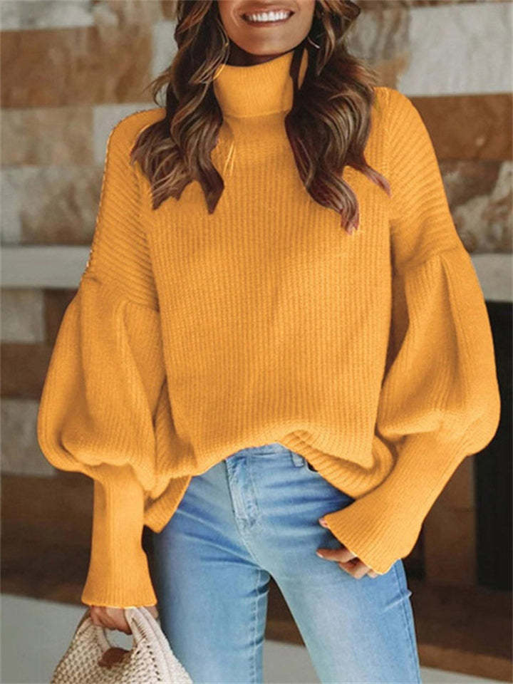Women's Elegant Solid Color Turtle Neck Raglan Sleeve Knitted Sweater