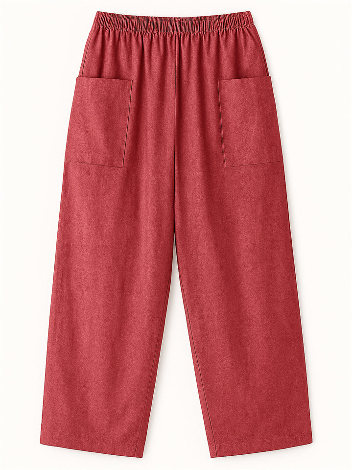 Women's Simple Solid Color Elastic High Waist Pants with Pockets