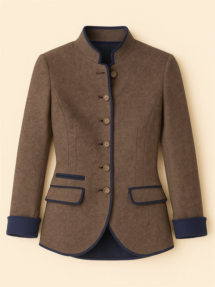 Retro Contrast Trim Stand Collar Single Breasted Long Sleeve Coat for Women