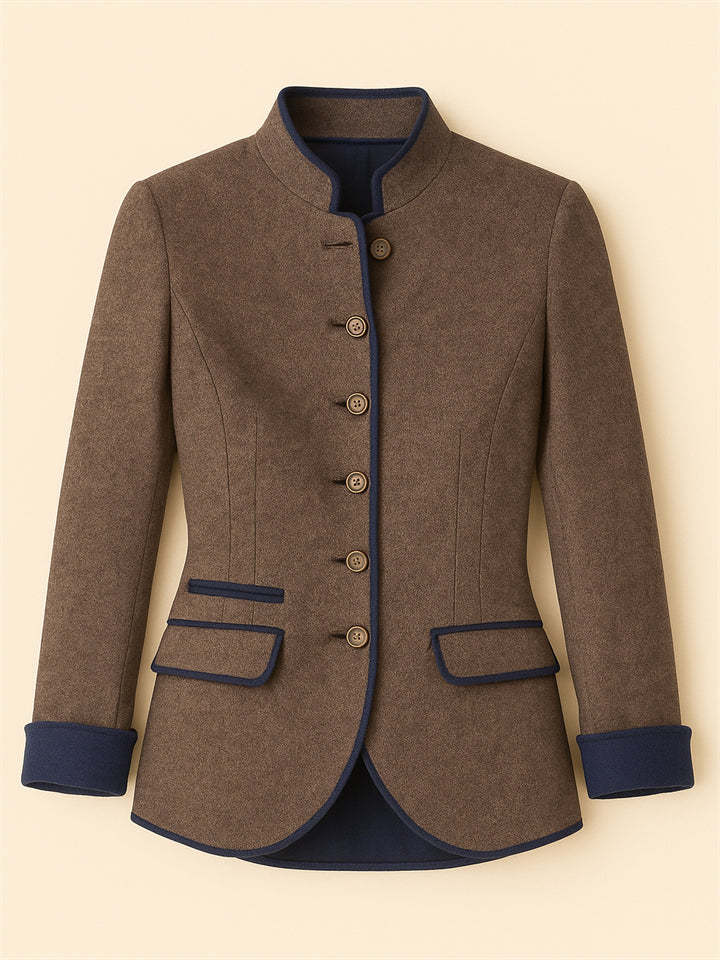 Retro Contrast Trim Stand Collar Single Breasted Long Sleeve Coat for Women