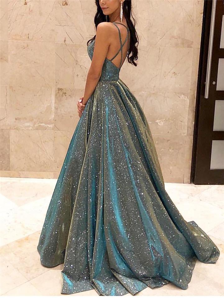 Women's High Waist Backless Shining Strappy Prom Dress