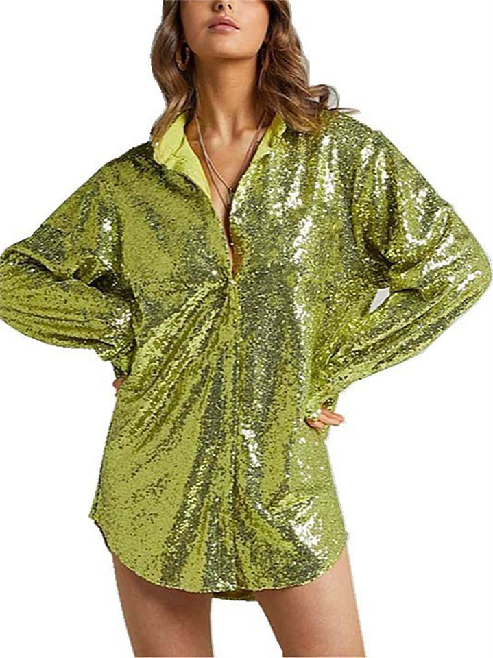 Women's American Style Solid Color Bling Sequin Long Sleeve Blouses