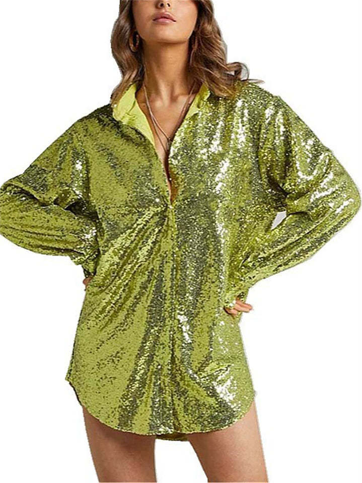 Women's American Style Solid Color Bling Sequin Long Sleeve Blouses