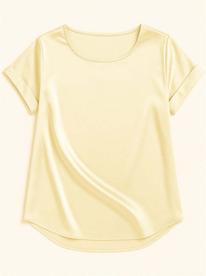Female's Summer Simple Solid Color Round Neck Short Sleeve Satin Shirts