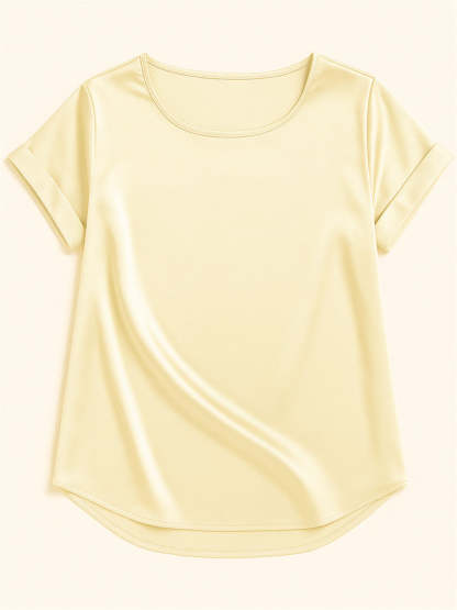 Female's Summer Simple Solid Color Round Neck Short Sleeve Satin Shirts