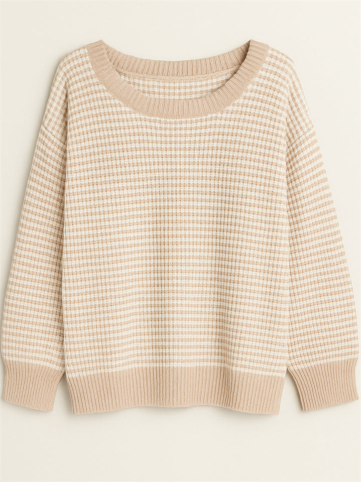 Comfy Autumn Elegant Contrast Color Striped Sabrina Collar Sweaters