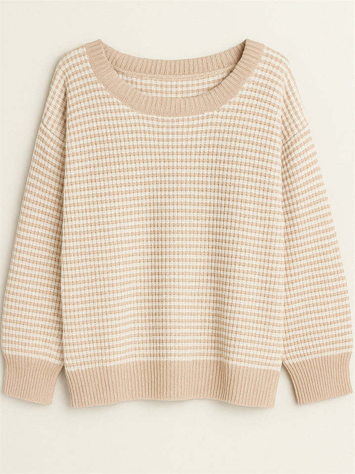 Comfy Autumn Elegant Contrast Color Striped Sabrina Collar Sweaters