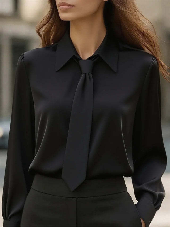 Ladies' Elegant Simple Solid Color Lapel Tie Long Sleeve Blouses