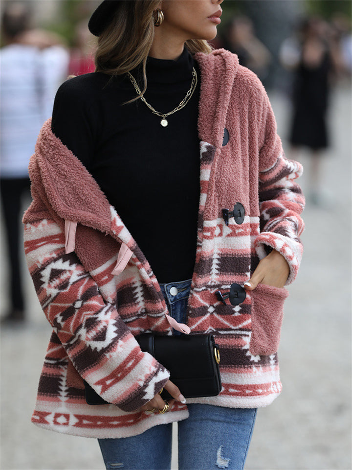 Female's Autumn Contrast Color Printed Patchwork Hooded Fleece Coats