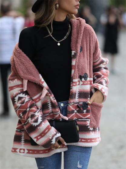 Female's Autumn Contrast Color Printed Patchwork Hooded Fleece Coats