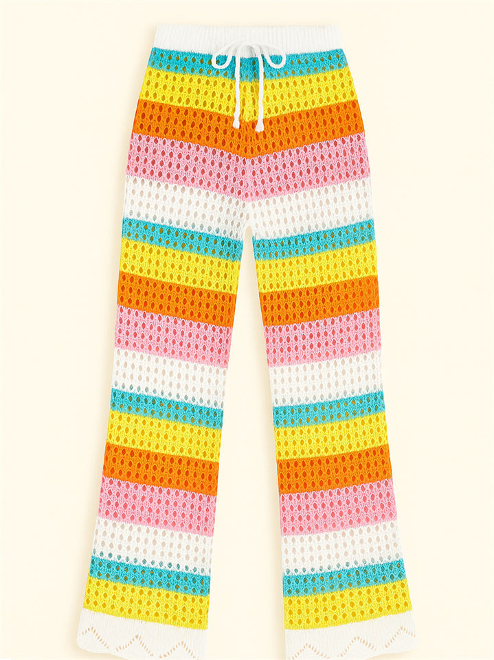 Summer Rainbow Contrast Color Hollow Knitted Beach Pants