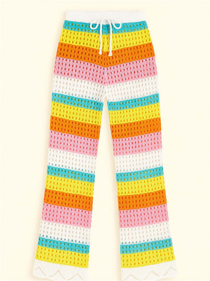 Summer Rainbow Contrast Color Hollow Knitted Beach Pants