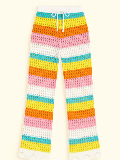 Summer Rainbow Contrast Color Hollow Knitted Beach Pants