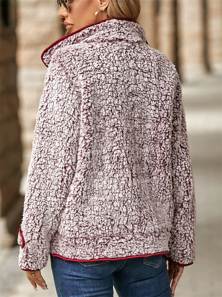 Casual Autumn Contrast Trim Single Breasted Lapel Fleece Coats