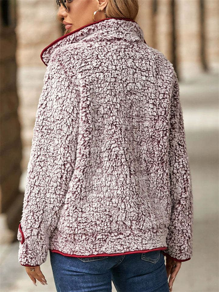 Casual Autumn Contrast Trim Single Breasted Lapel Fleece Coats