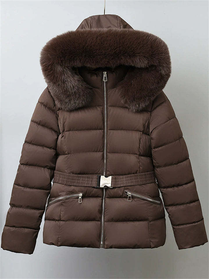 Winter Solid Color Belted Fleeced Coat with Faux Fur Collar