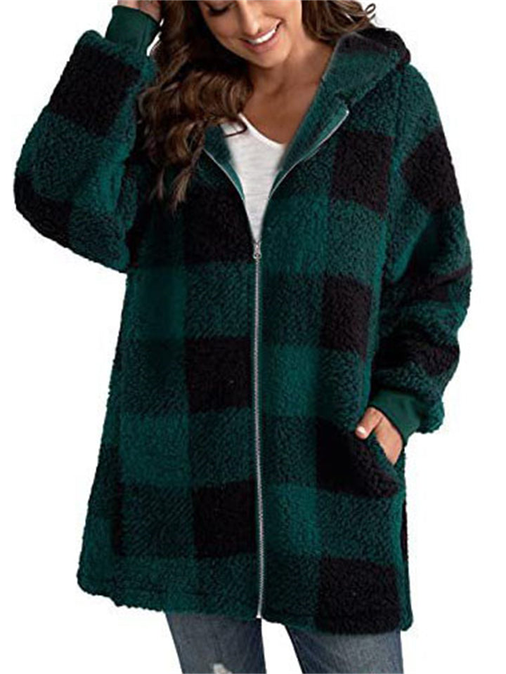 Women's Autumn Classic Plaid Zip Up Pockets Hooded Jackets