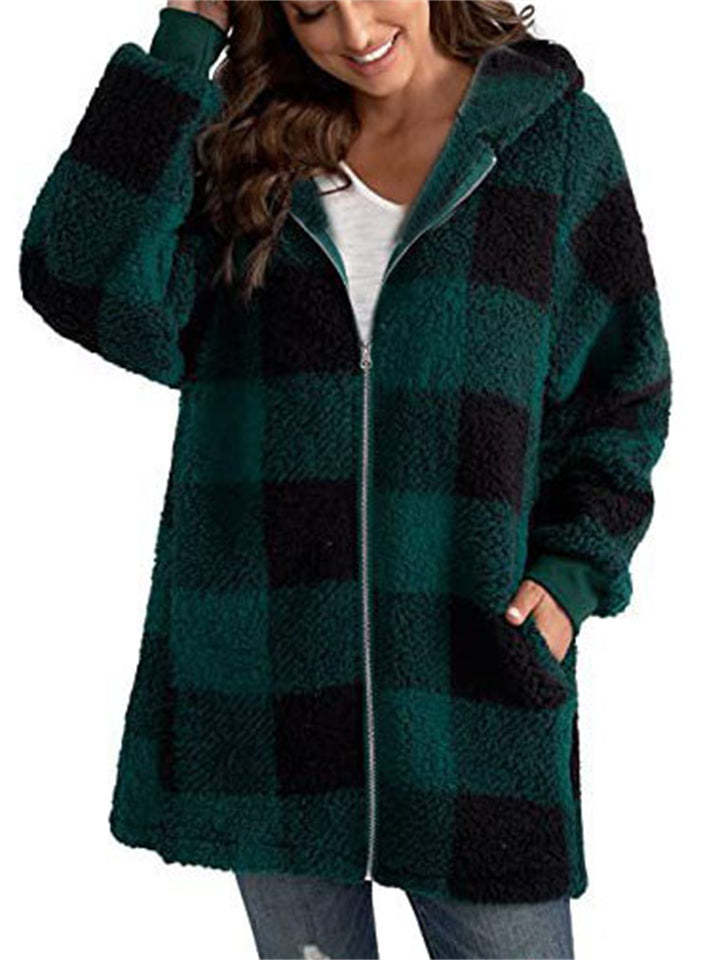 Women's Autumn Classic Plaid Zip Up Pockets Hooded Jackets