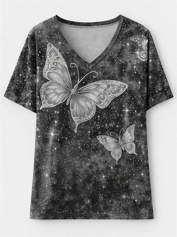 Women's Casual Short-Sleeved V Neck Butterfly Print T-Shirt