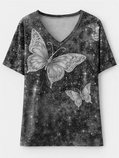 Women's Casual Short-Sleeved V Neck Butterfly Print T-Shirt