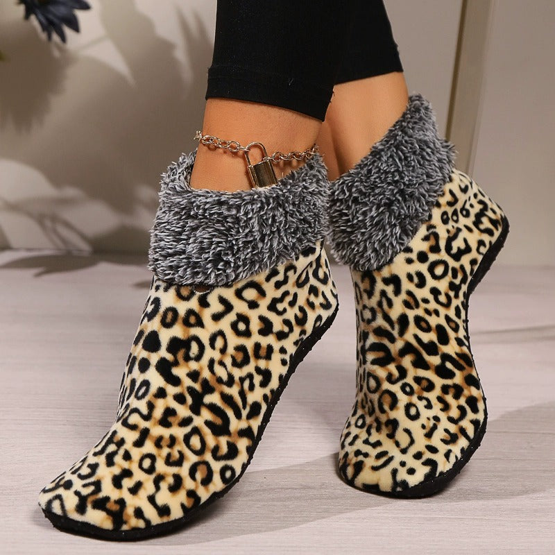 Fur Lined Leopard Indoor Floor Socks  