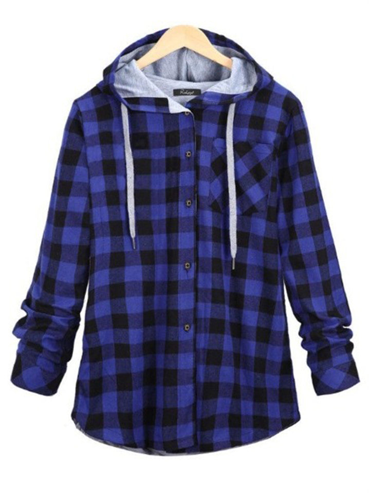 Women's Contrasting Plaid Long Sleeve Button Up Hooded Shirts