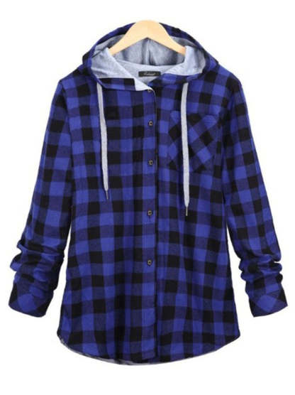 Women's Contrasting Plaid Long Sleeve Button Up Hooded Shirts