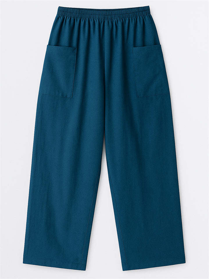 Women's Simple Solid Color Elastic High Waist Pants with Pockets